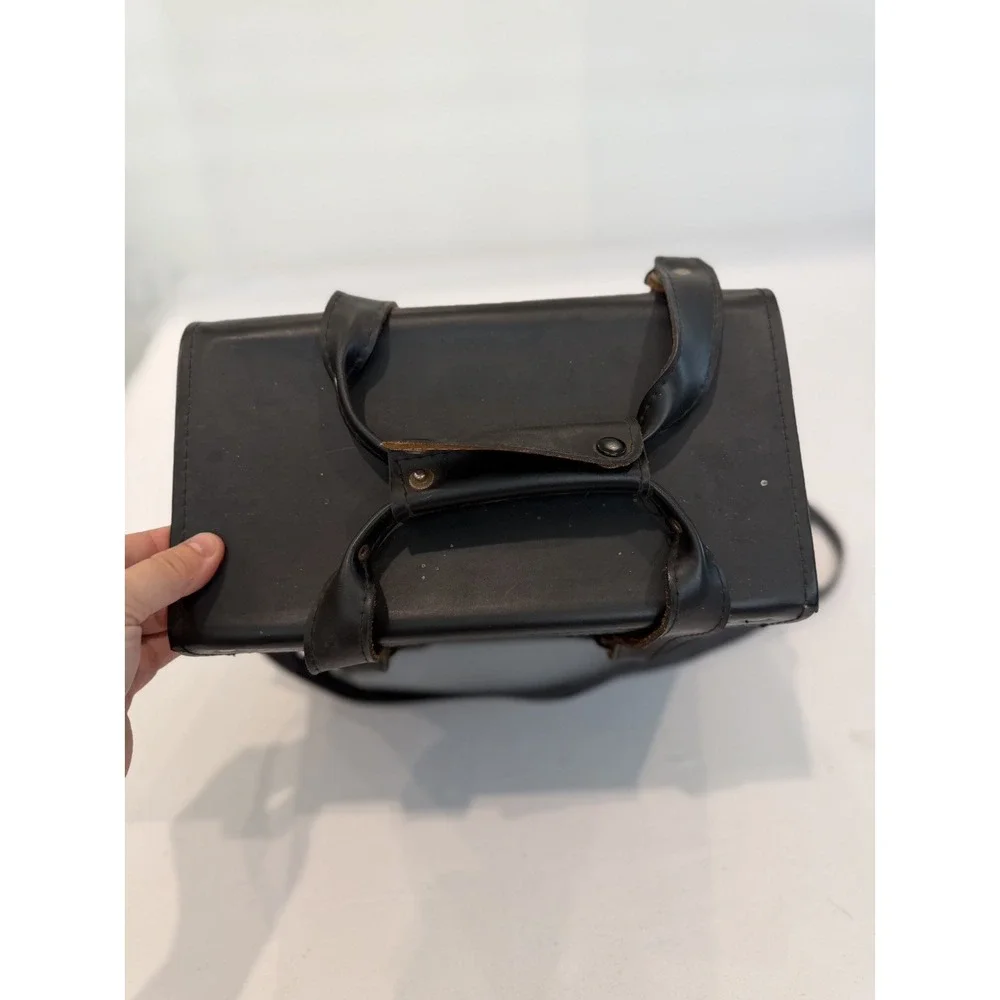 Vintage Large Black Leather Camera Hard Case w/ compartments & handle Japan Y2K